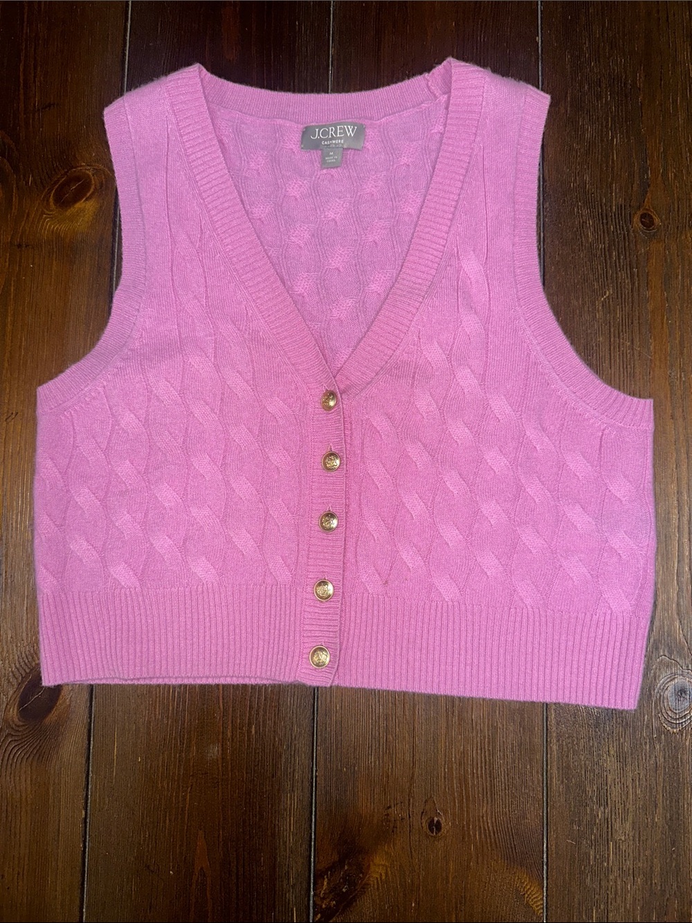 J. Crew Pink Cashmere Cable-Knit Button Vest with Gold Buttons